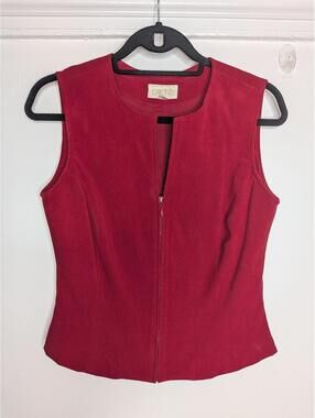 Cache VTG Tank Top M Red Faux Suede Zip Front Lined Sleeveless 90s Old Money